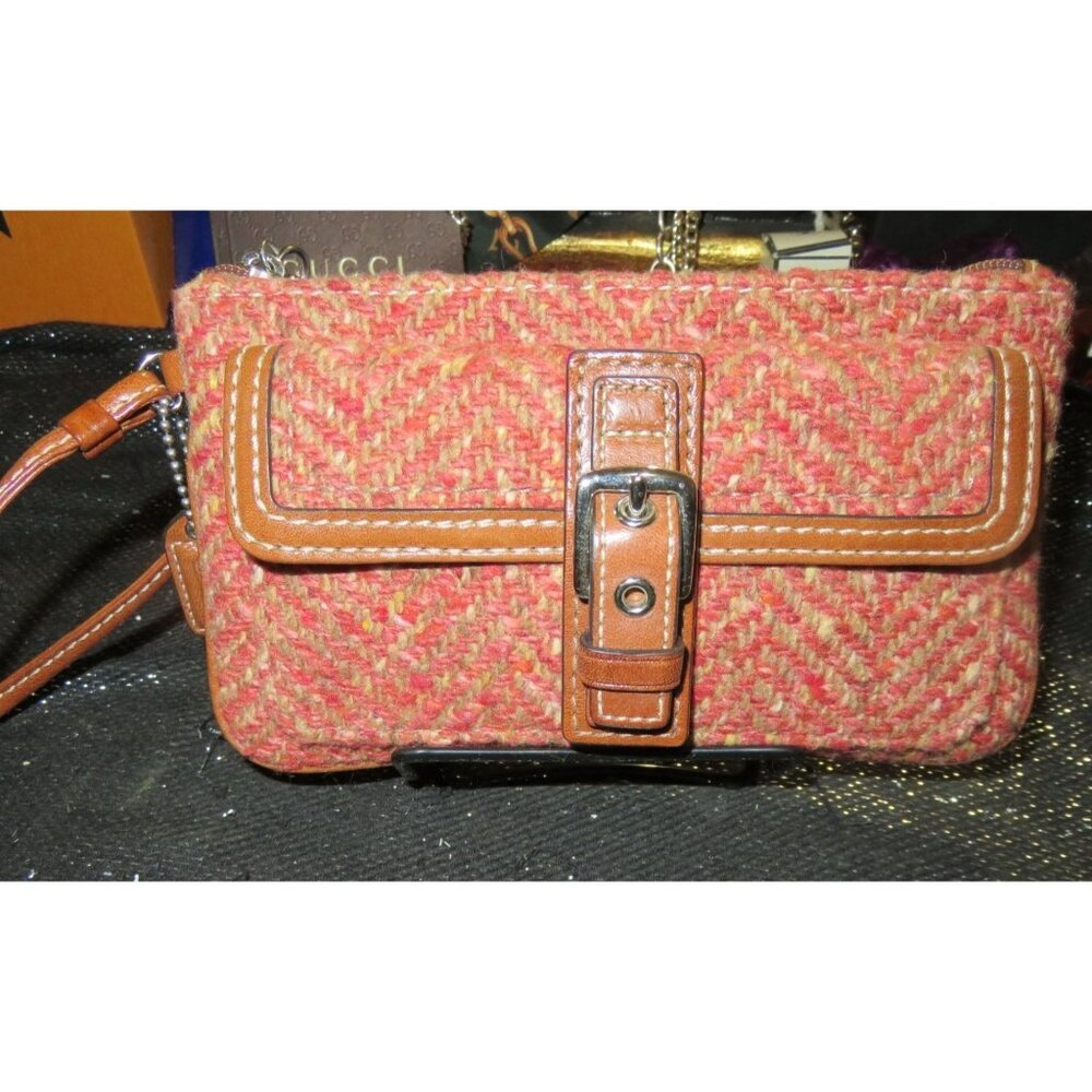 Coach Scaro Hampton Soho Herringbone Camel Leather Rose Tweed Wool Wristlet